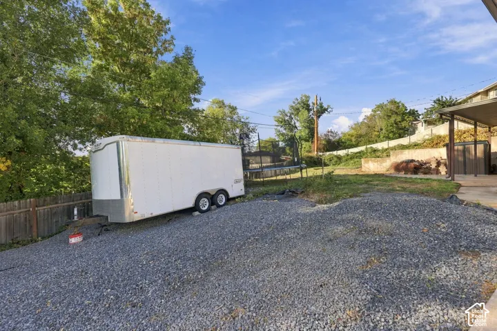 Gravel parking area, grassy expanse, and mature trees creating a natural perimeter