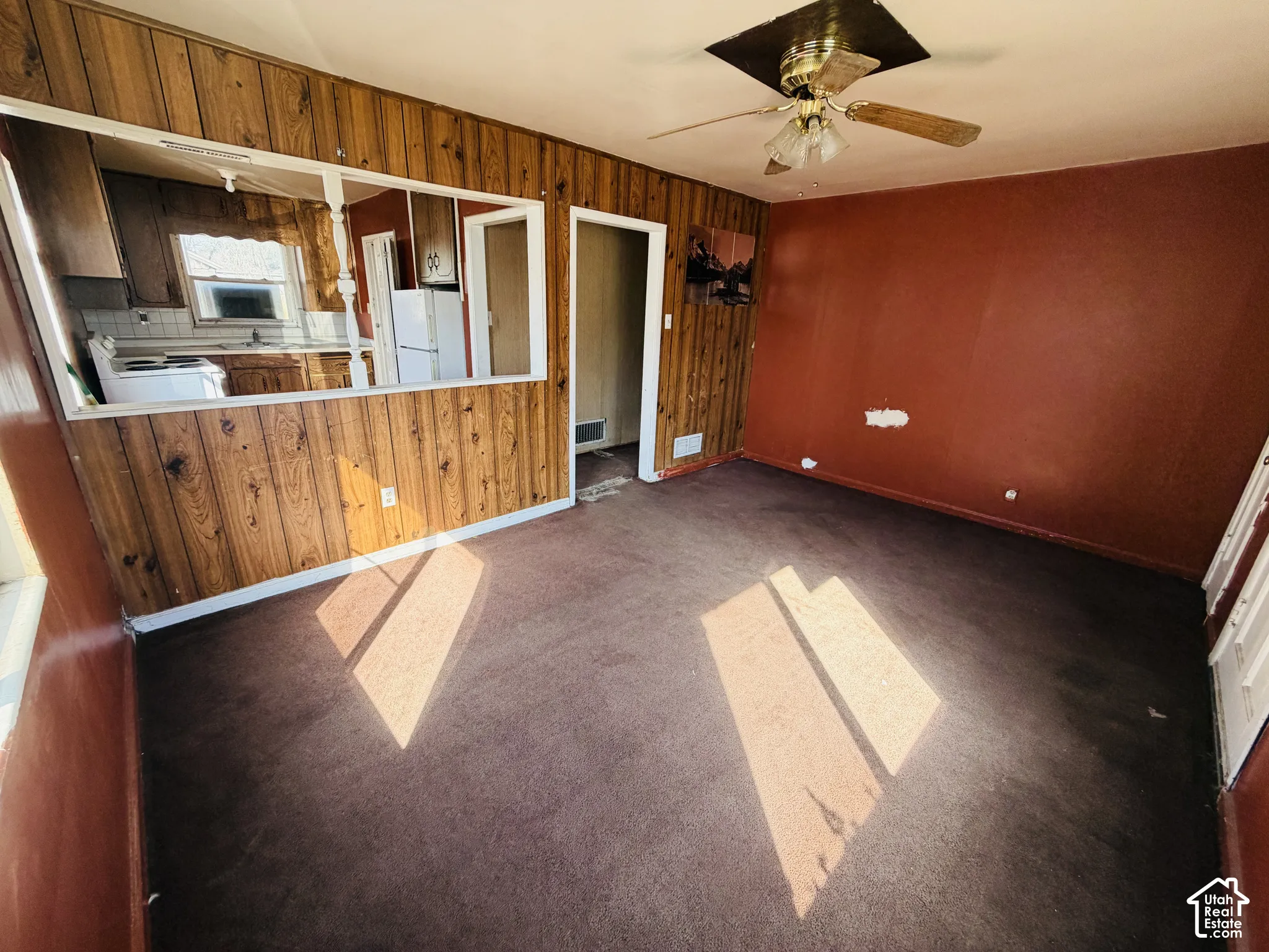 Wood paneling accents a pass-through window
