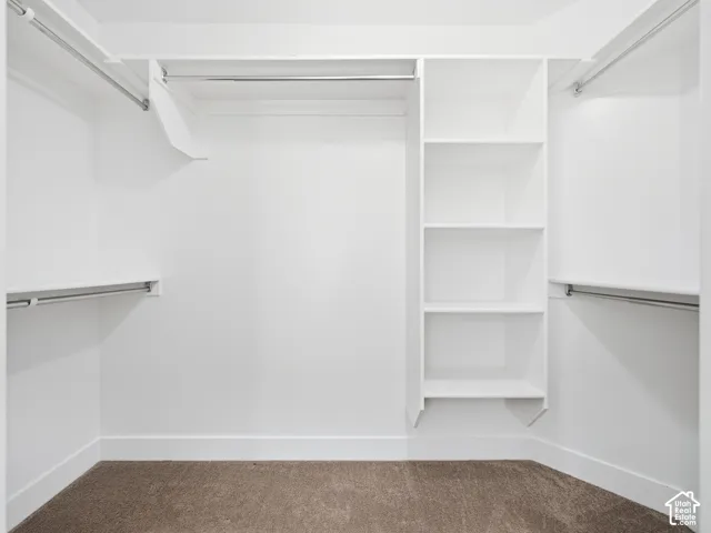 Built-in shelving, multiple hanging rods, and ample storage space