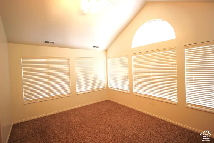Sunroom with Vaulted ceilings featuring a recessed arched window, carpeted flooring, and multiple windows with horizontal blinds