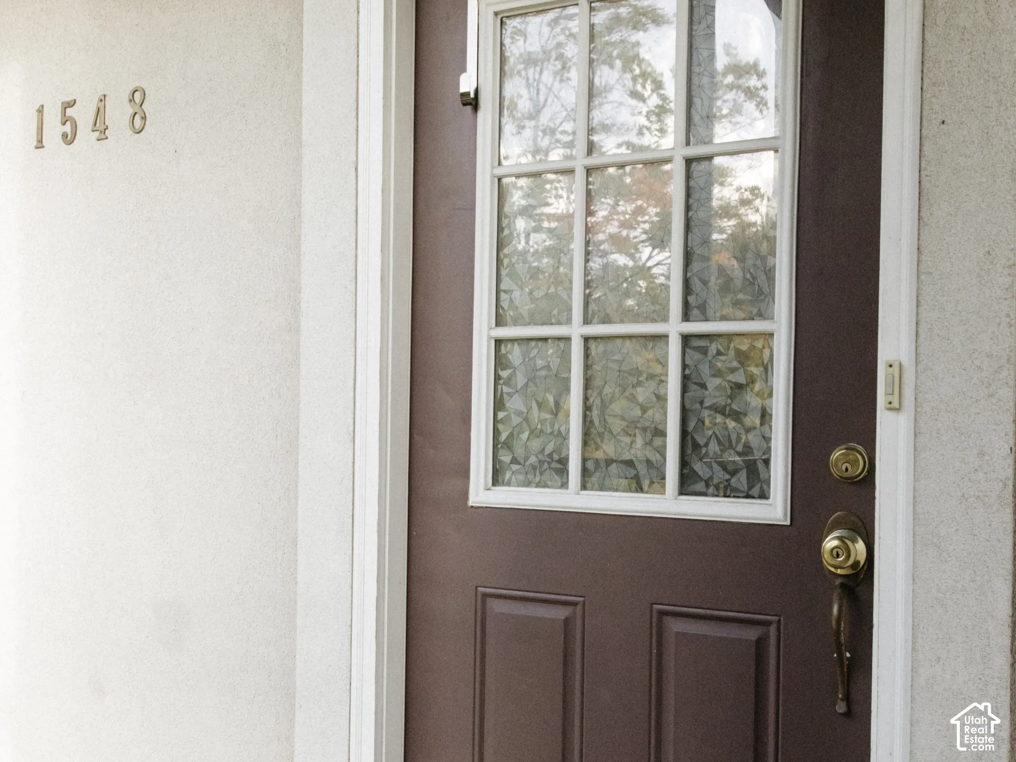 Brown front door with upper glass panel featuring gridded muntins, brass hardware, and white trim