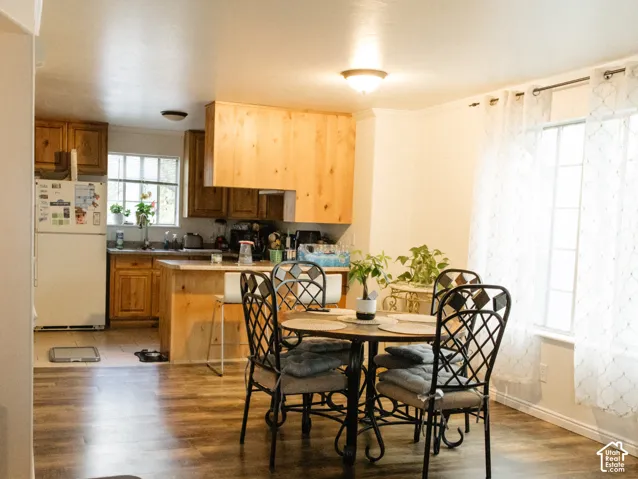 Wood-finish flooring throughout, bright window, and kitchen with wood cabinetry