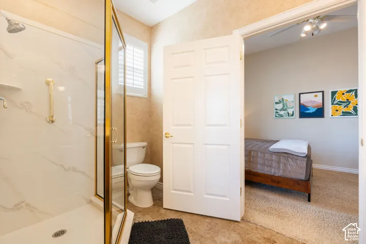 Shower with gold-toned glass enclosure and grab bar