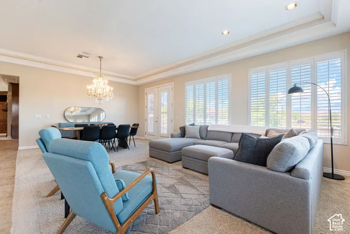 Recessed lighting, crown molding, and plantation shutters