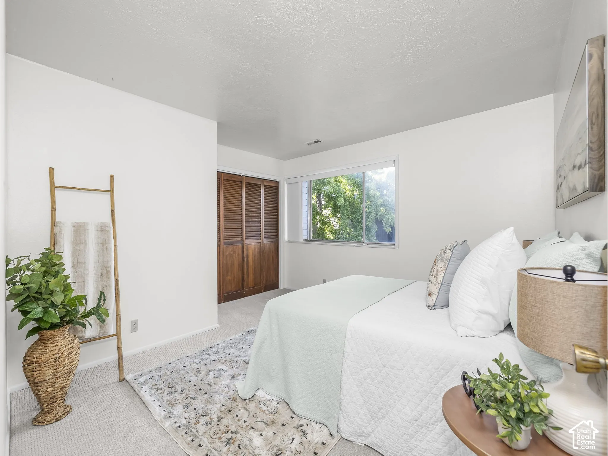 Neutral wall paint, light-toned carpeting, window with natural light, and wood-finish bi-fold closet doors