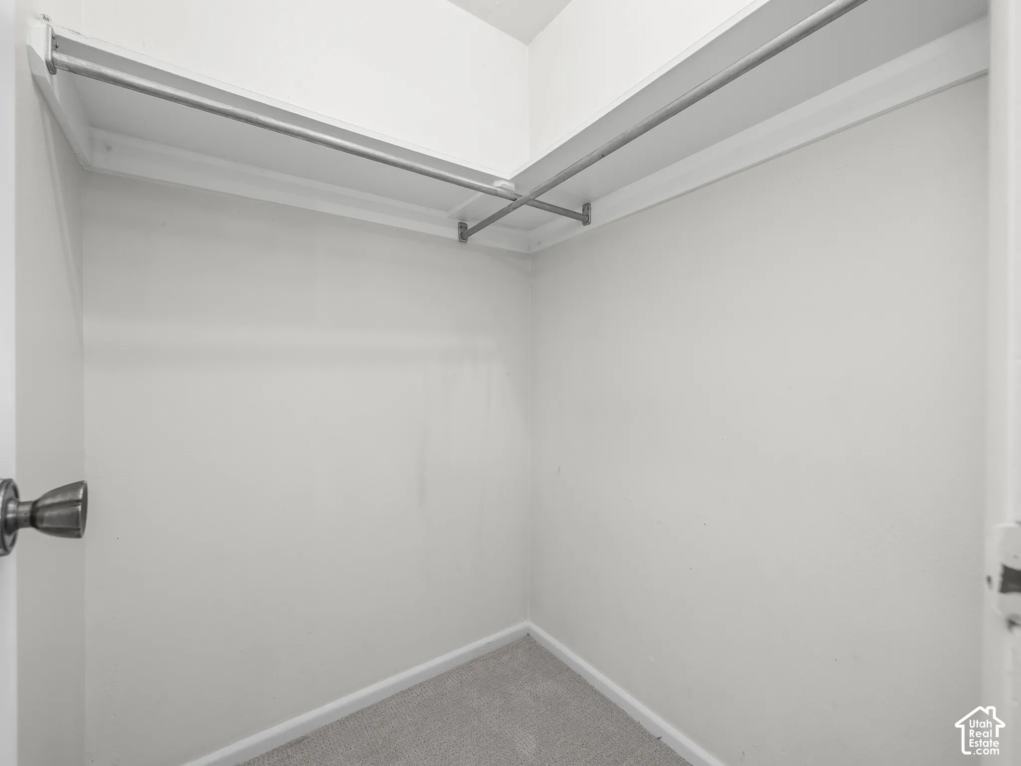 Carpeted closet with built-in shelving and clothes rods