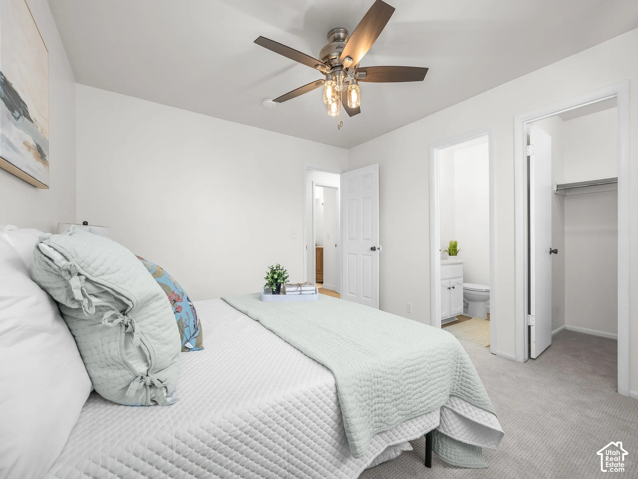 Neutral wall paint, ceiling fan with integrated lighting, soft grey carpeting, built-in closet with hanging rod, and white interior doors