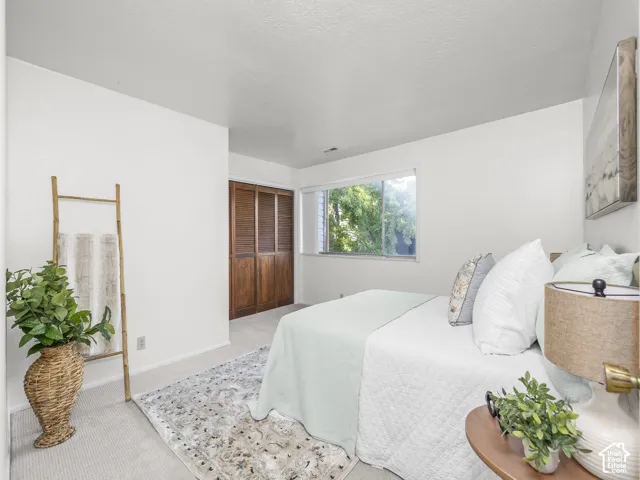 Neutral wall paint, light-toned carpeting, window with natural light, and wood-finish bi-fold closet doors
