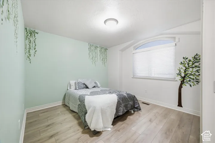 Light wood-finish flooring, arched window with blinds, and a built-in overhead light fixture