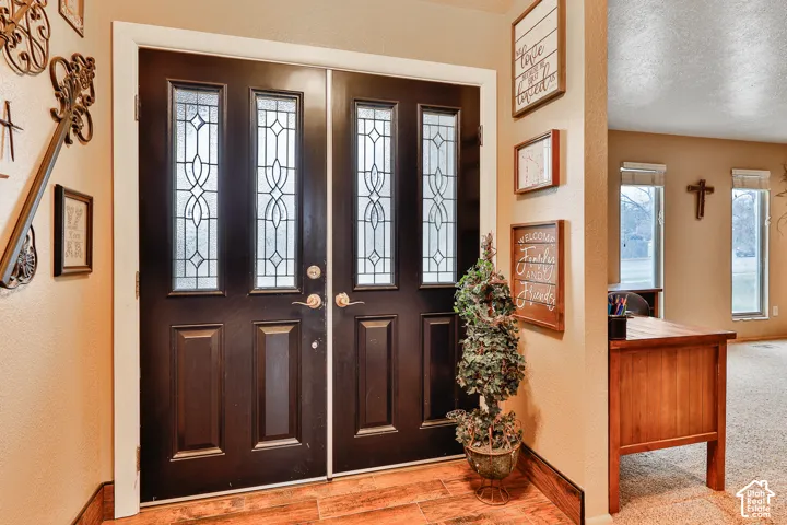 Double entry doors with decorative glass panels, wood-finish flooring, and light-toned wall paint