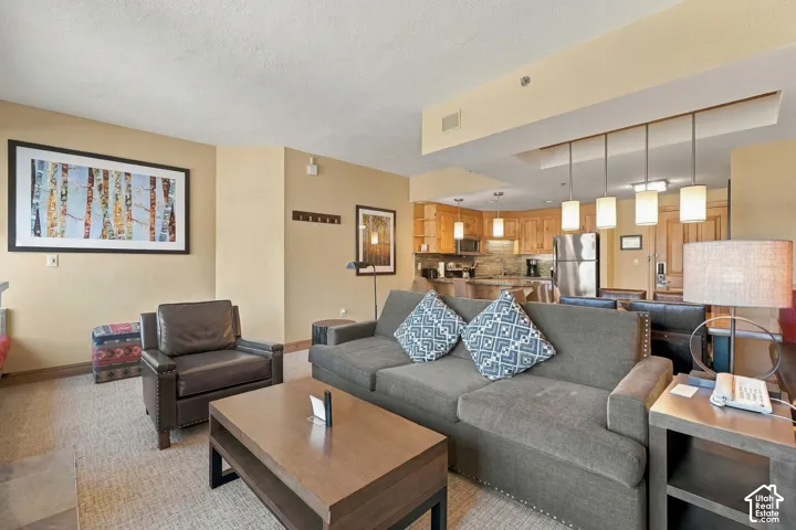 Open-concept living space featuring a full kitchen with stainless steel appliances, wood cabinetry, and a stone-finish countertop