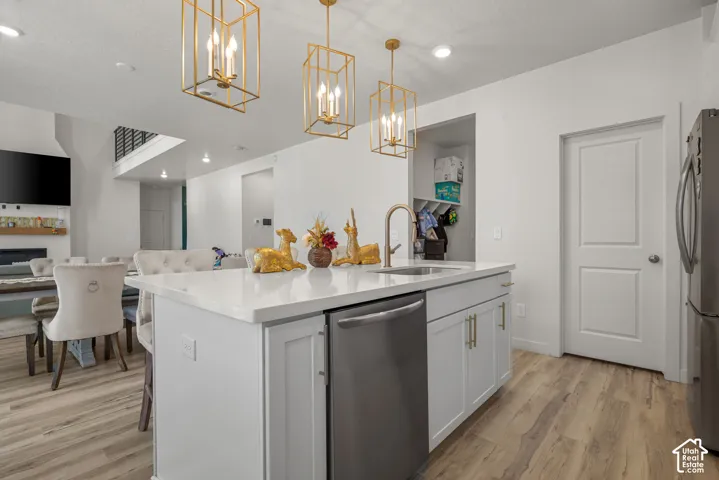 Kitchen island with a built-in sink and stainless steel dishwasher