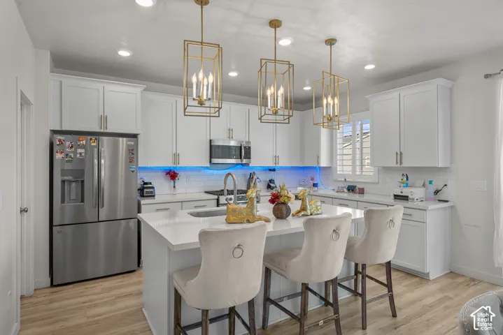 Kitchen featuring wood-finish flooring, white cabinetry, a central island with an integrated sink, and stainless steel appliances