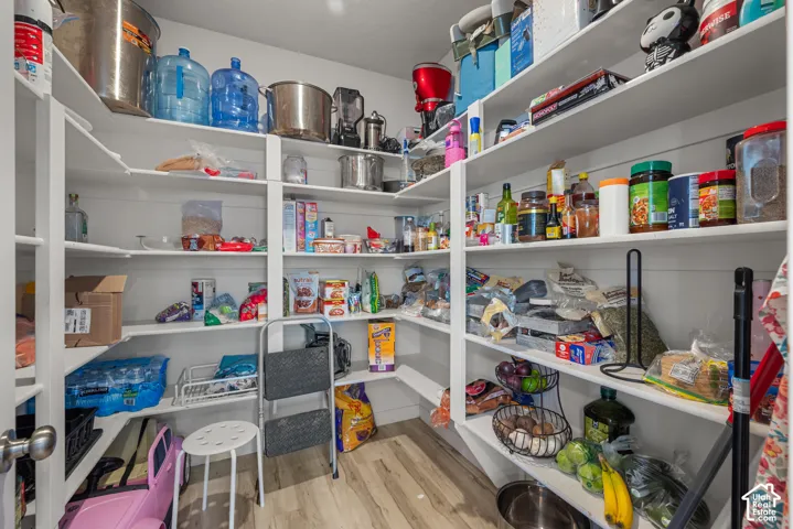 Expansive pantry featuring tiered shelving, built-in storage, light wood-finish flooring, and a white door with a brushed nickel knob