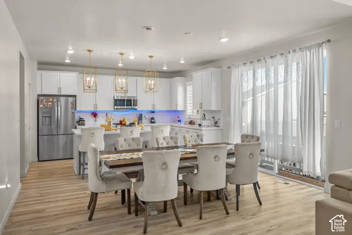 White shaker cabinetry, stainless steel appliances, wood-finish flooring, recessed lighting, and a sliding glass door