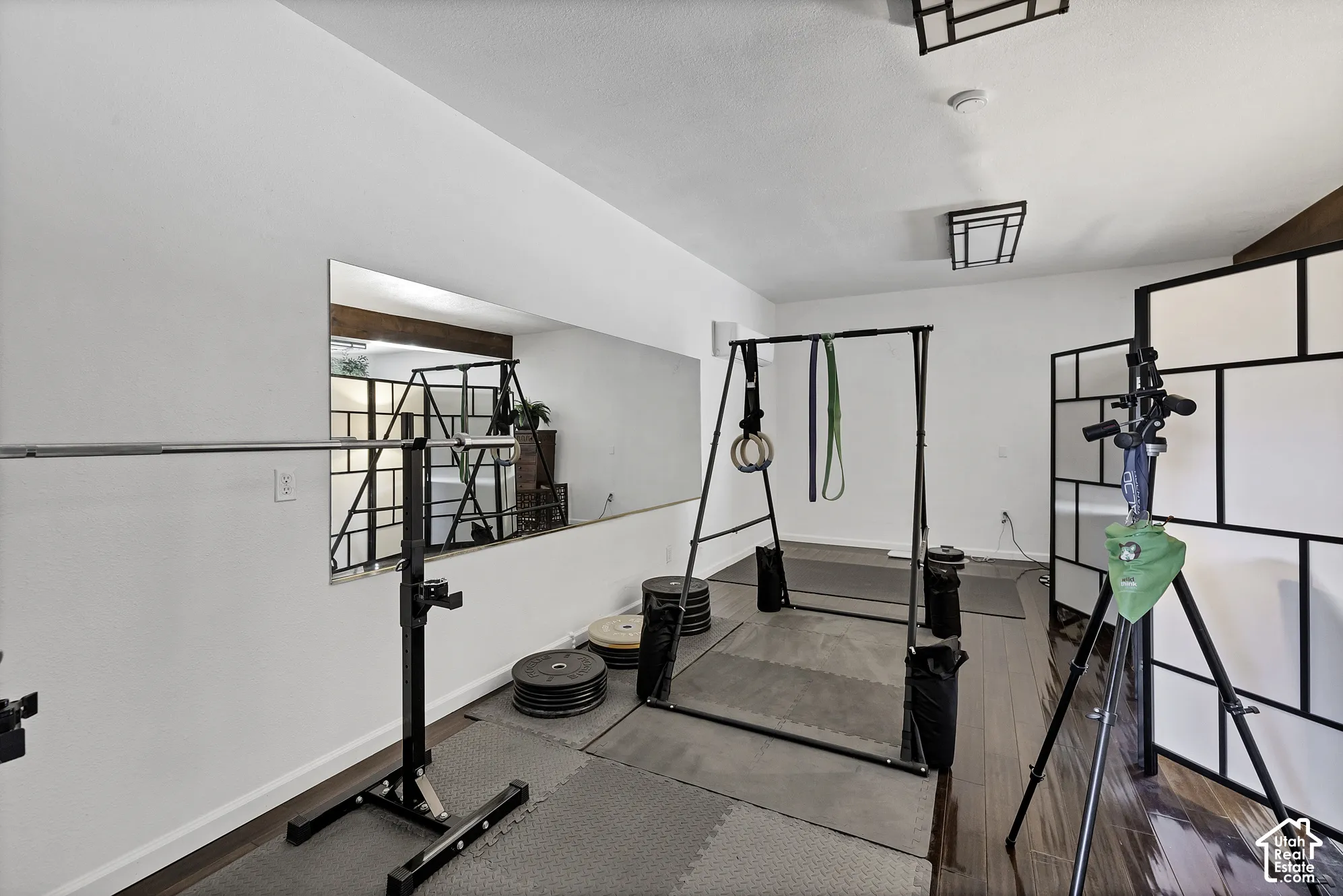 White painted walls with a large built-in mirror, wood-finish flooring, and recessed ceiling lighting