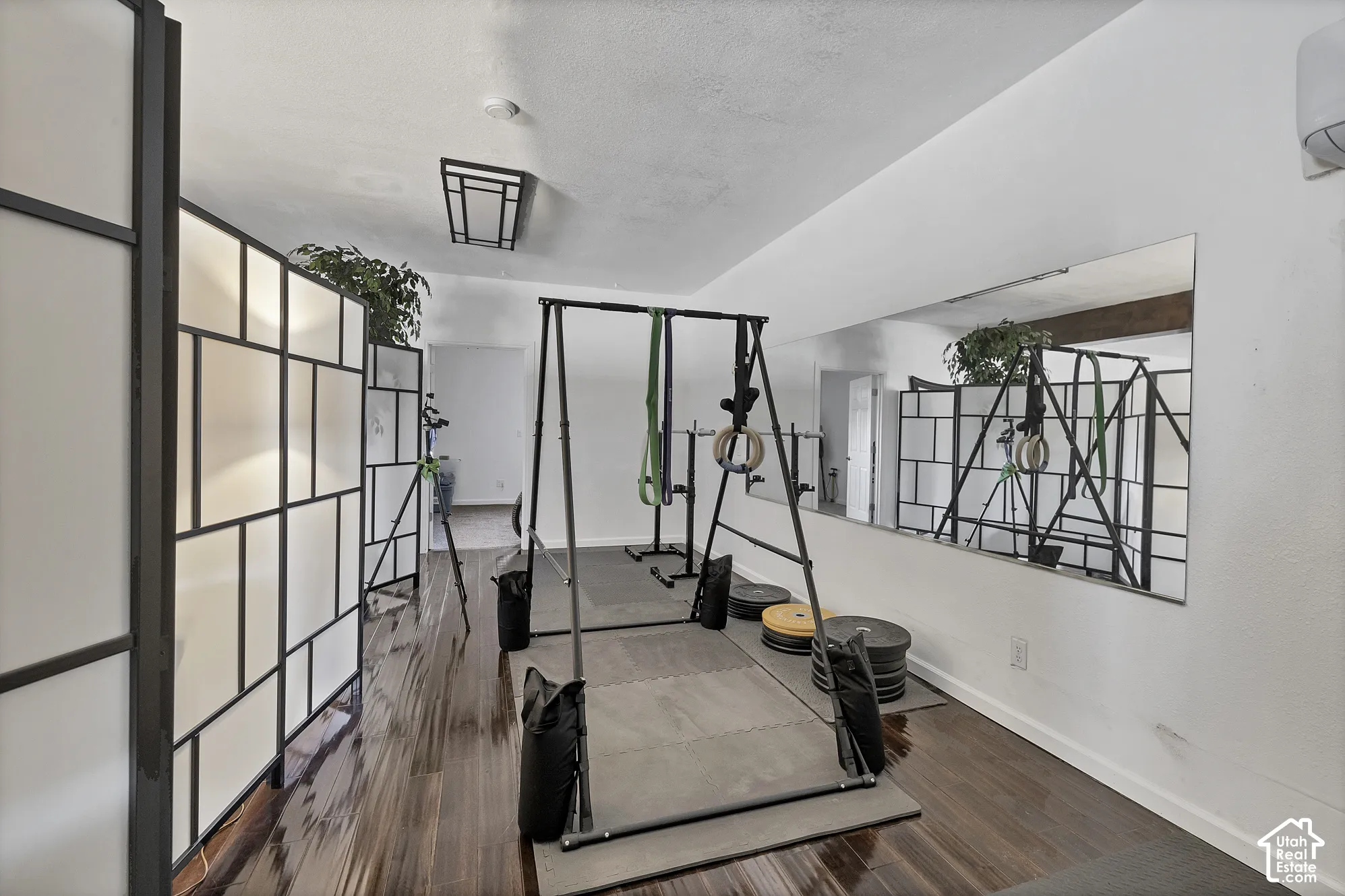 Wood-finish flooring, white walls, built-in wall mirror, geometric room divider, recessed ceiling light fixture