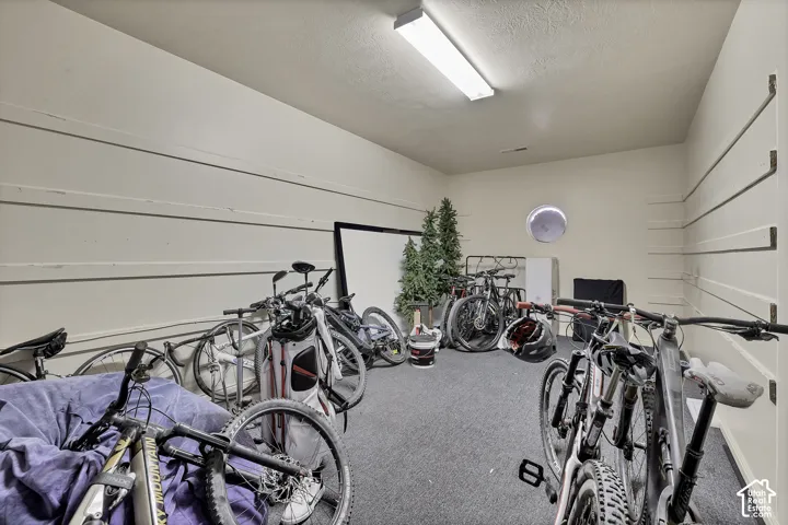 Wall-mounted shelving system, overhead fluorescent lighting, and a circular wall vent
