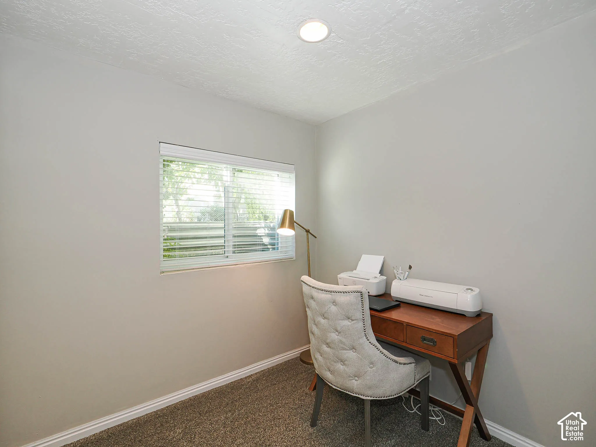 Recessed ceiling lighting, textured ceiling, large window with blinds, light-colored walls, and carpeting