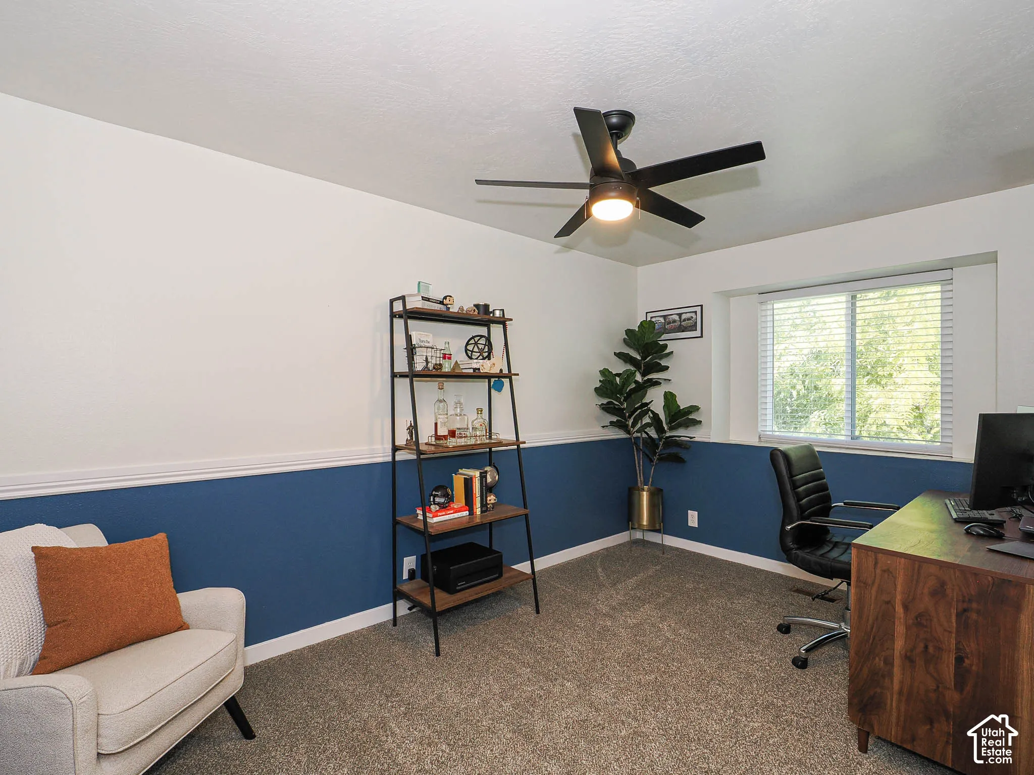 Recessed window with blinds, two-tone wall treatment, textured carpet, and a ceiling fan