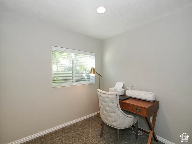 Recessed ceiling lighting, textured ceiling, large window with blinds, light-colored walls, and carpeting