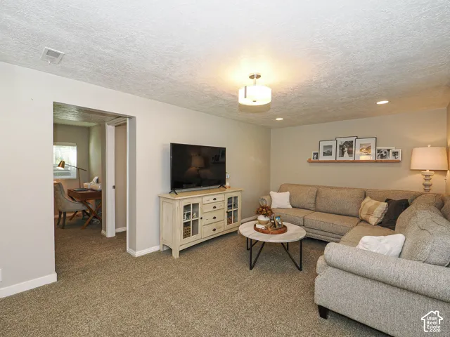 Recessed lighting, flush mount lighting, and carpet flooring throughout