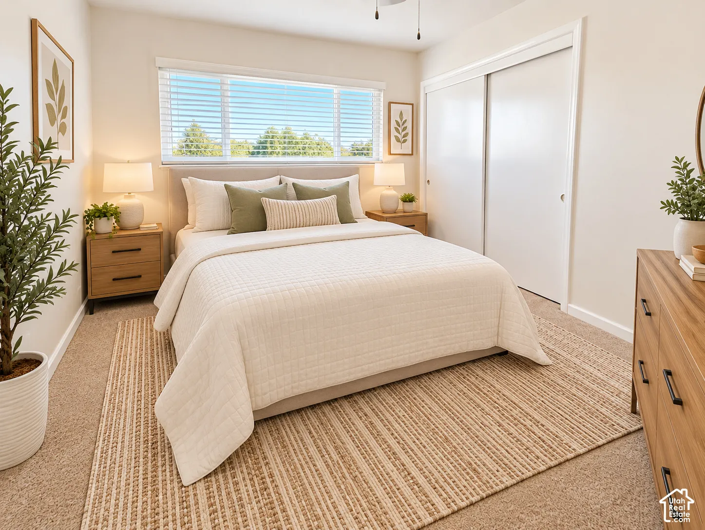 Neutral interior featuring wall-to-wall carpeting, horizontal window blinds, and sliding closet doors