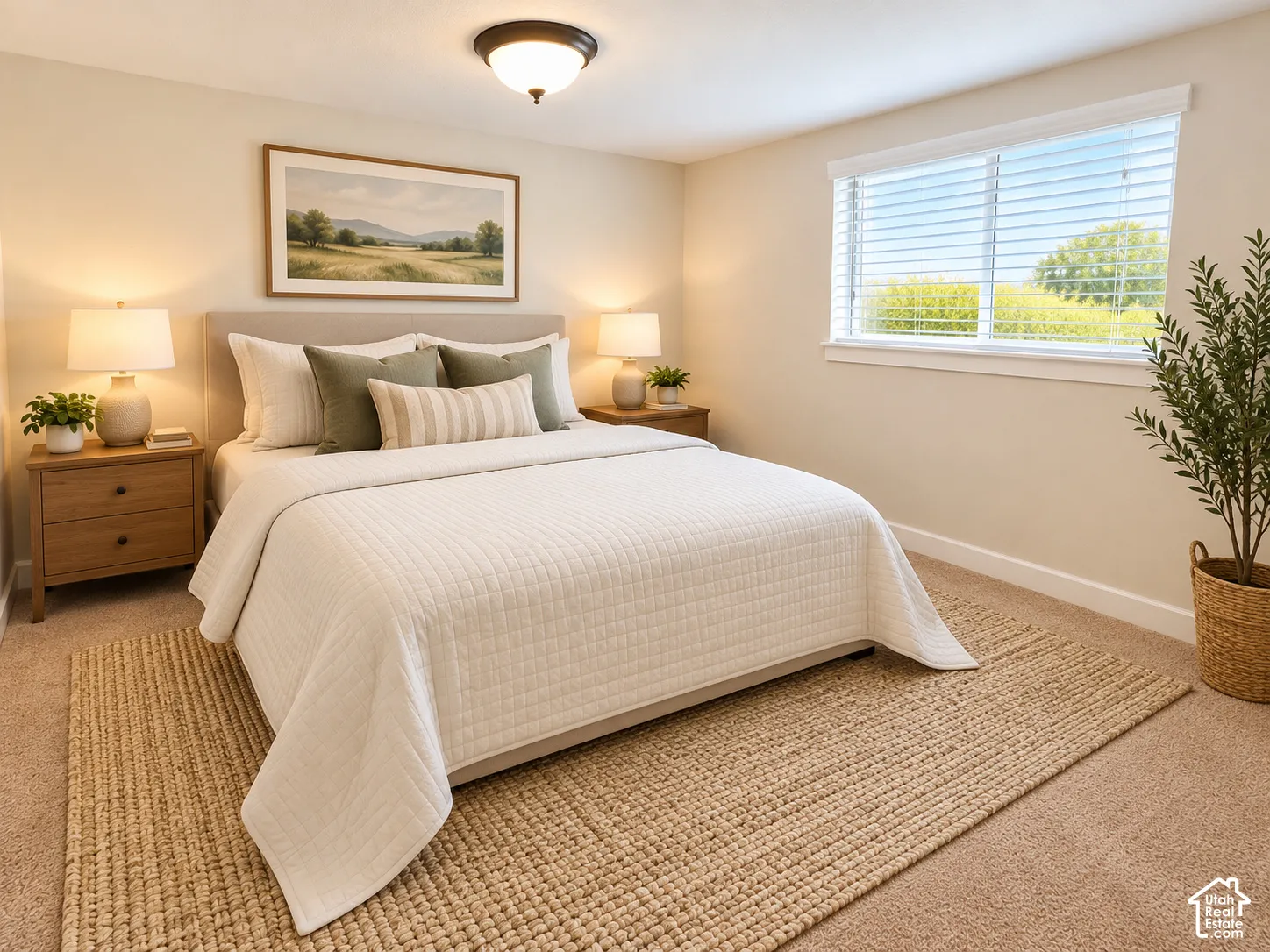 Neutral-toned bedroom featuring wall-to-wall carpeting, a large sliding window, and a ceiling-mounted light fixture