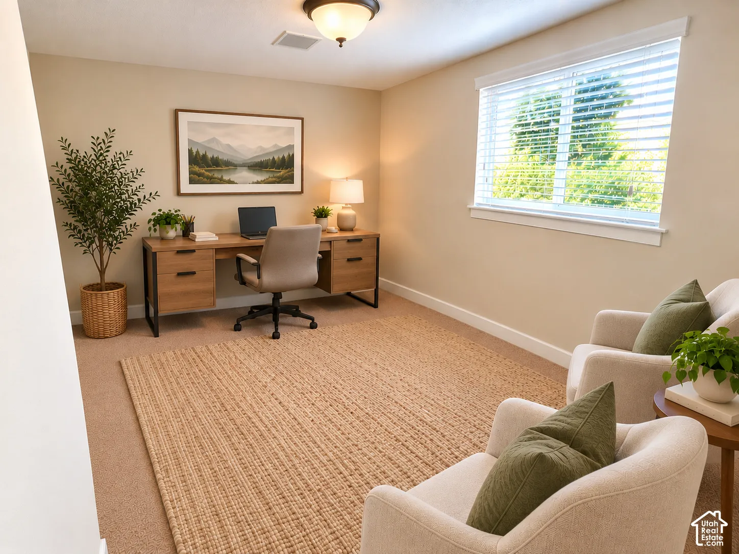 Neutral-toned interior space featuring carpeting, a flush-mount ceiling light fixture, and a window with horizontal blinds
