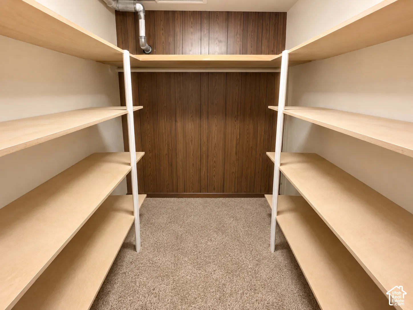 Built-in shelving units with light wood-finish shelves, a clothing rod, and wood-paneled wall accents