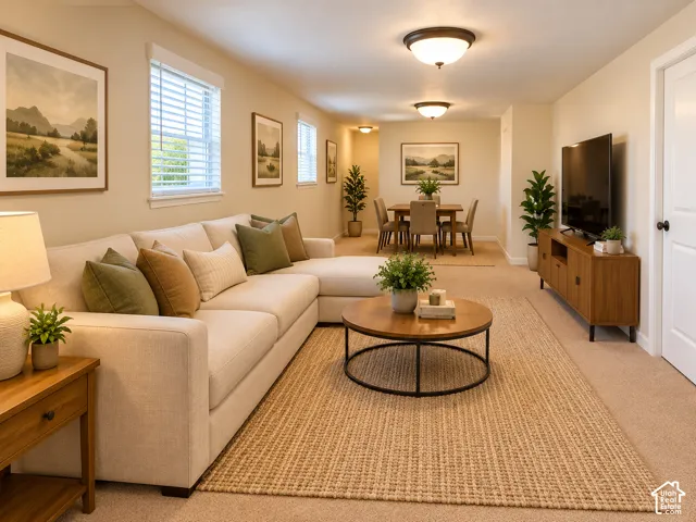 Neutral-toned interior featuring wall-to-wall carpeting, multiple flush-mount ceiling light fixtures, and windows with integrated blinds