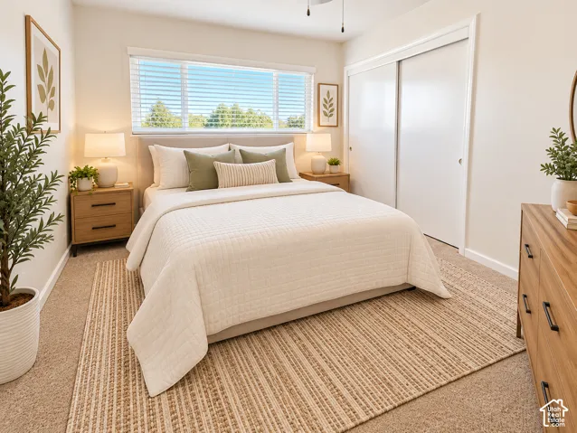 Neutral interior featuring wall-to-wall carpeting, horizontal window blinds, and sliding closet doors