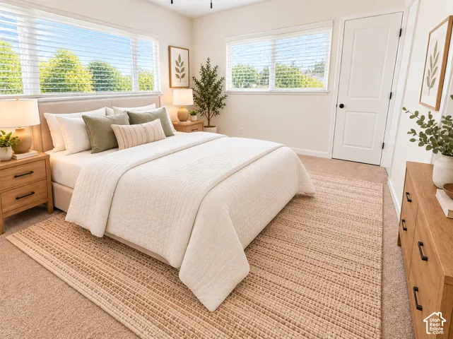 Neutral-toned carpeting, dual oversized windows with horizontal blinds, and a two-panel interior door with matte black hardware