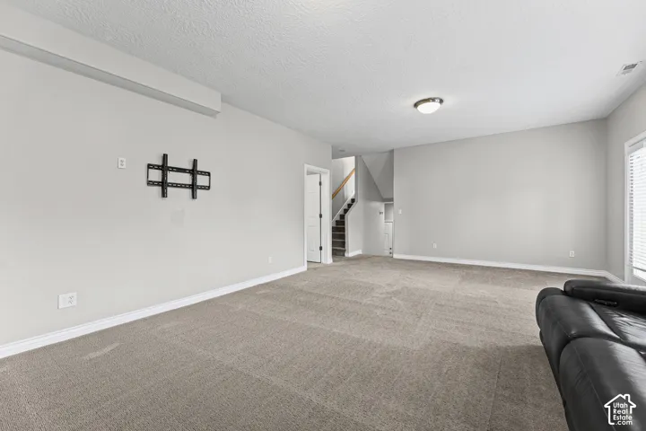 Spacious room featuring neutral carpeting, light-toned walls, and a ceiling-mounted light fixture
