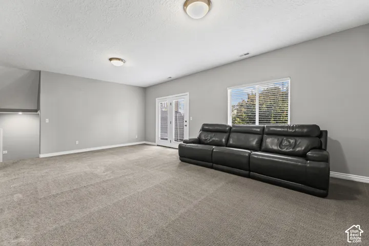 Spacious room featuring neutral carpeting, light gray wall paint, and white trim