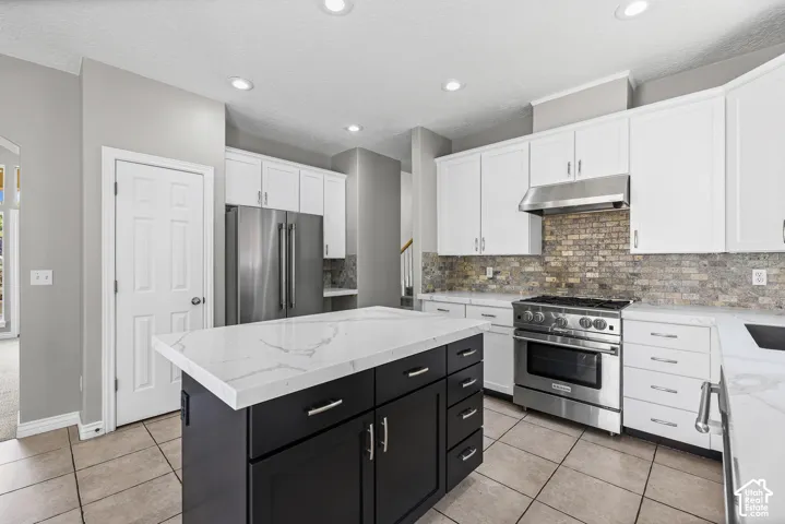 Kitchen featuring a dark-toned island with a light-toned countertop, white cabinetry, stainless steel appliances, and a tiled backsplash