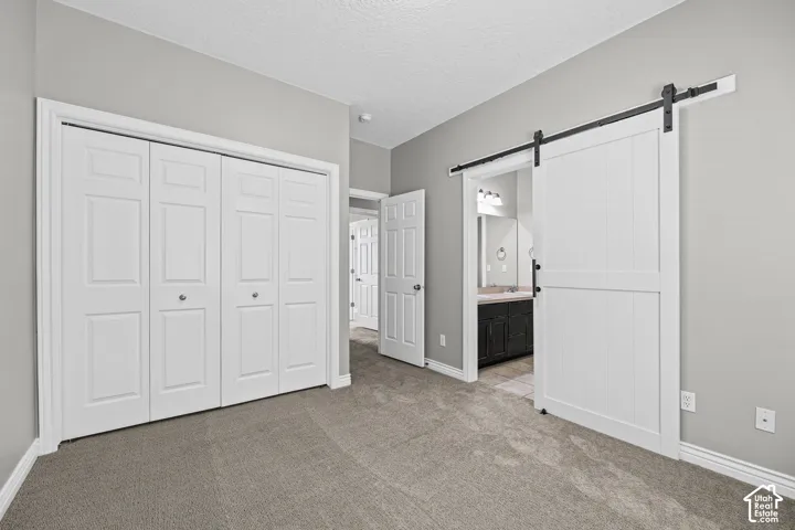 Carpeted flooring, bi-fold closet doors, white paneled barn door, and a bathroom vanity with a countertop