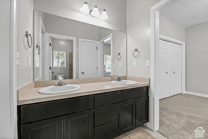 Double vanity with black cabinetry and integrated sinks, illuminated by a three-bulb light fixture