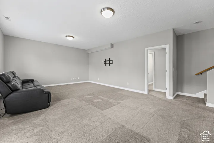 Spacious room featuring neutral carpeting, light gray wall paint, and white trim