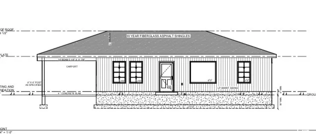 Architectural Drawing, Front Elevation. Illustrating the exterior design and material specifications of the property