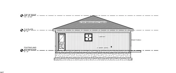 Architectural Drawing, Elevation View. Illustrating the exterior design and structural heights of the property