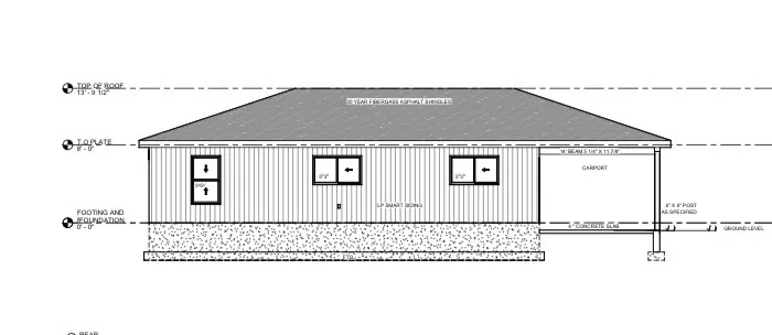 Architectural Drawing, Rear Elevation. Illustrating the exterior dimensions and structural elements of the property from the rear perspective