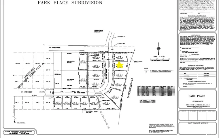 Subdivision Plat. Illustrating the layout of lots within the Park Place Subdivision, including boundaries and identifying features