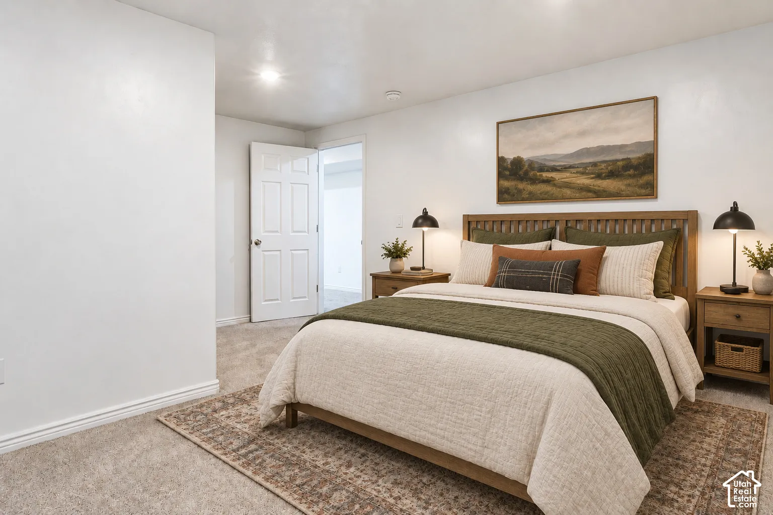 Plush carpeting throughout with a classic paneled door and overhead lighting