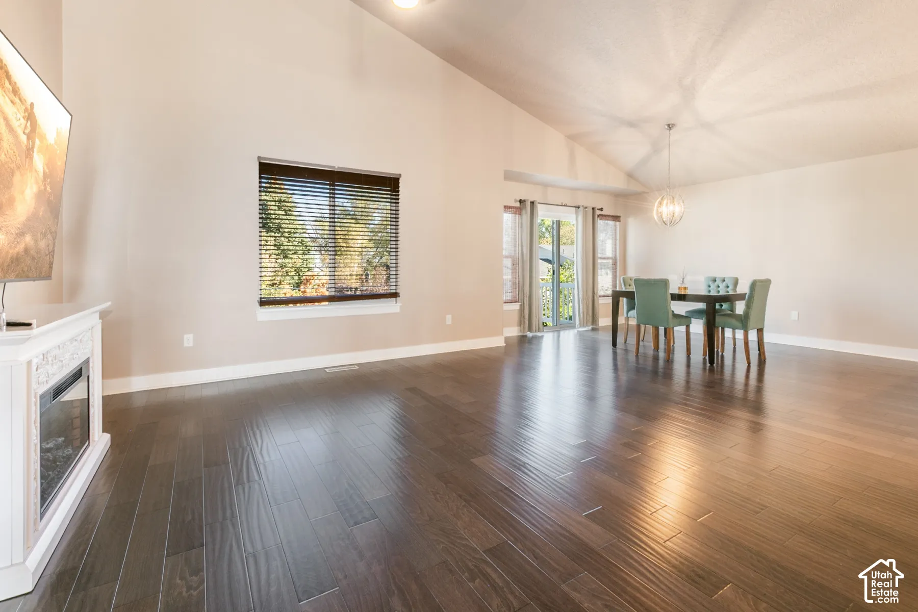 Vaulted ceilings, wood-finish flooring, and a decorative fireplace