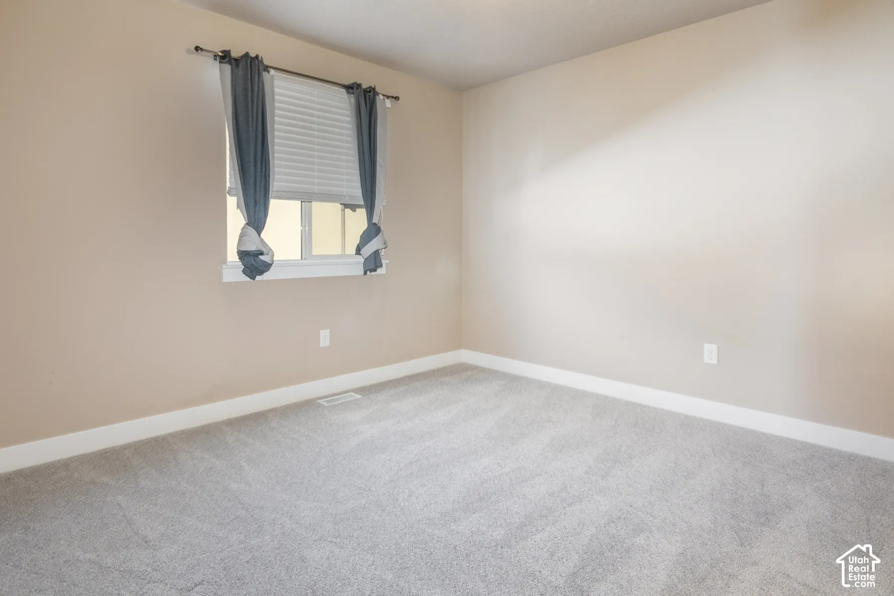 Window with horizontal blinds, neutral wall paint, white trim, and light-toned carpeting