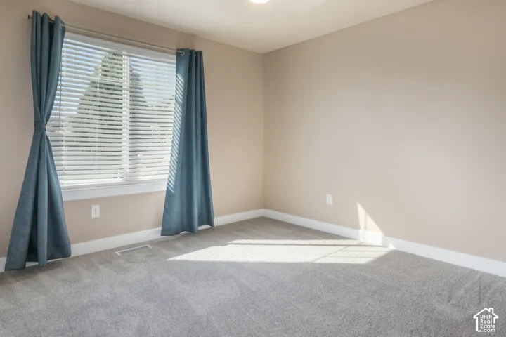 Neutral wall paint, plush carpet flooring, large window, window blinds