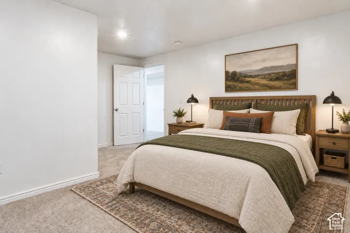Plush carpeting throughout with a classic paneled door and overhead lighting