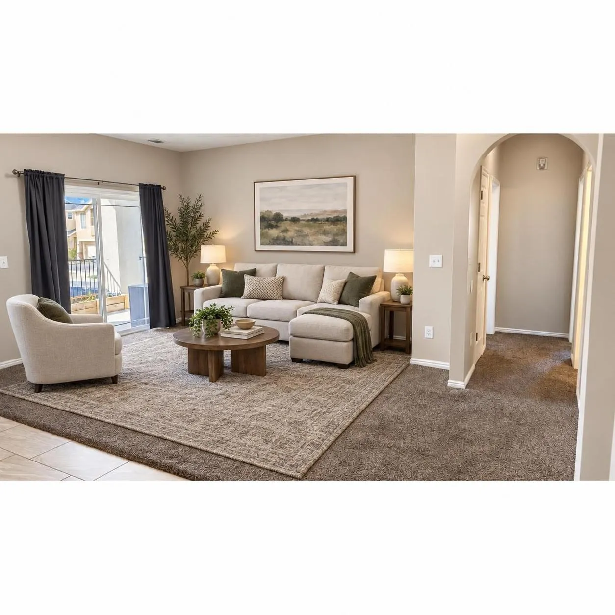 Neutral-toned interior featuring wall-to-wall carpeting, an arched entryway, and a sliding glass door providing external access