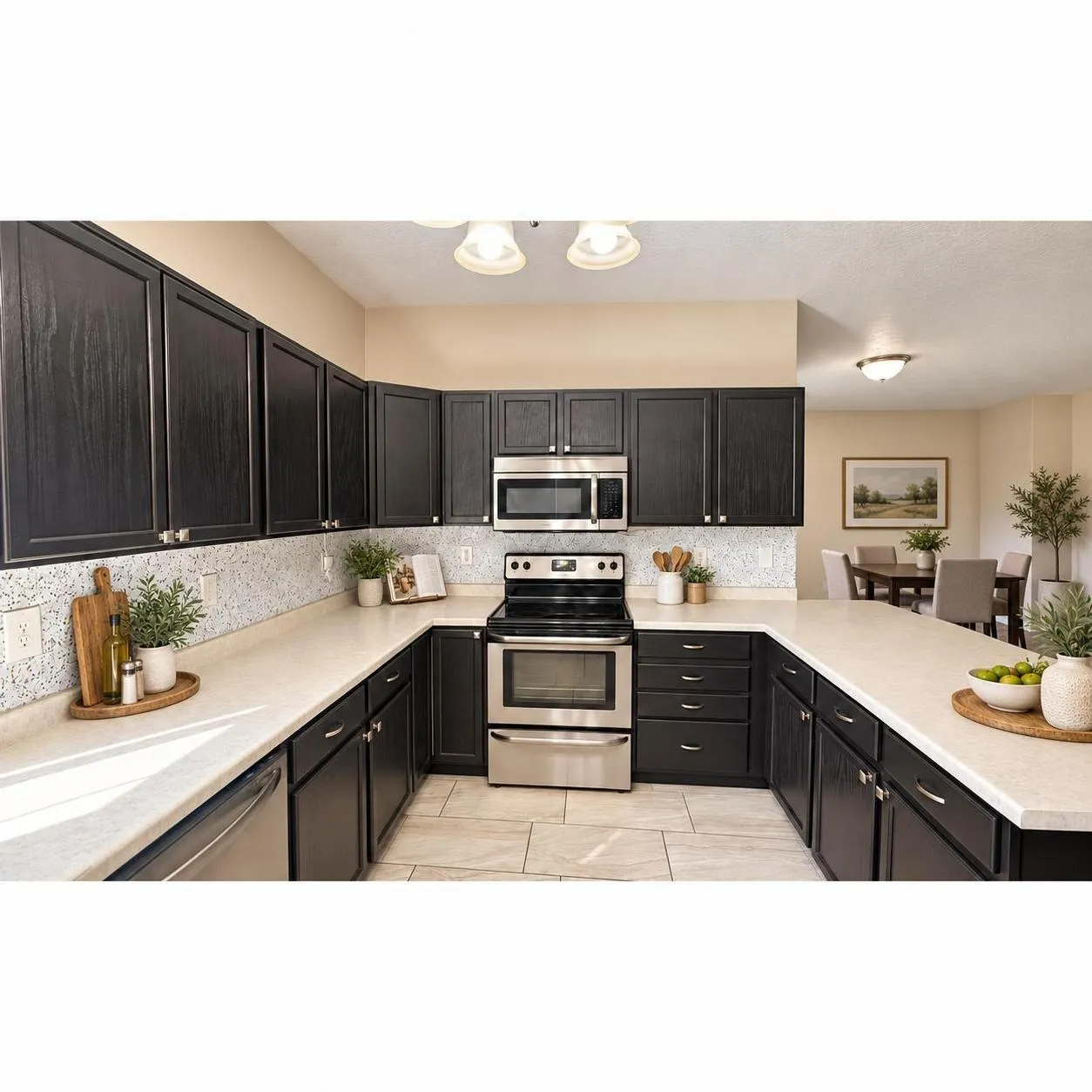 Kitchen featuring dark wood-finish cabinetry, light-colored solid surface countertops, a speckled tile backsplash, stainless steel appliances, and tile flooring